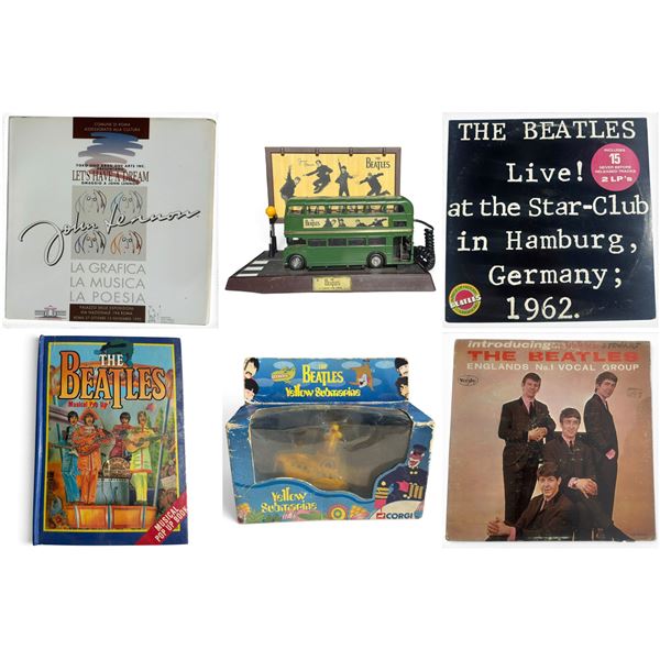 Beatles Collectibles Lot: 1990 Lennon/Ono Catalogue+CD, Star-Club 2LP, Phone, Corgi