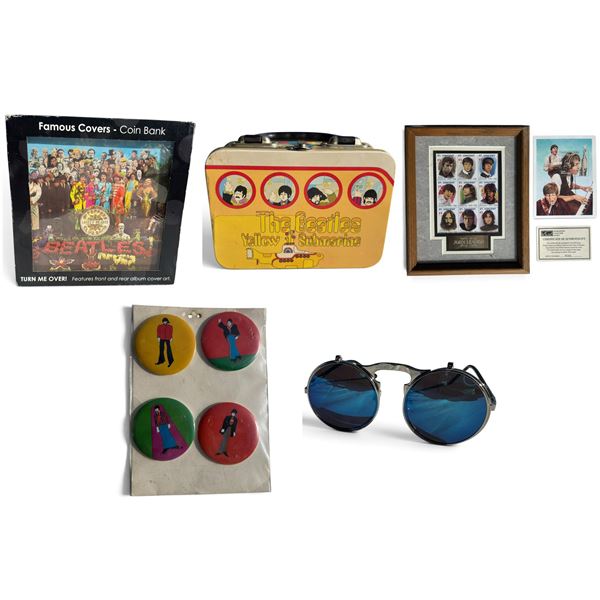 Beatles Collectibles: Sgt. Pepper Coin Bank, Yellow Submarine Tin, Stamps, Buttons