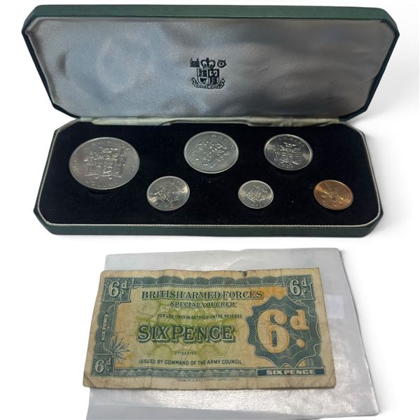 1969 Jamaica 6 Coin Set & 1948 British Armed Forces 6 Pence Note