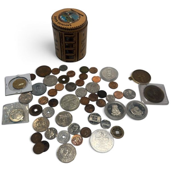 Mixed World Coins, Trade Tokens & Commemorative Medals with Vintage Savings Bank