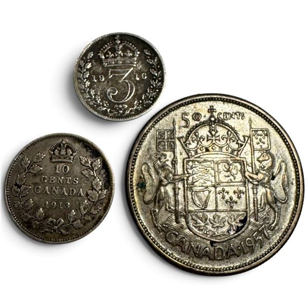 3  Silver Coins - Canada 1957 Fifty-Cent (.800 Silver) & 1913 Dime (.925 Silver) & 1916 British 3 Pe