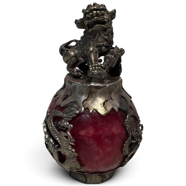 Tibetan Silver & Red Stone Foo Dog Paperweight  3" Tall X 1.75" Diameter