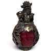 Image 1 : Tibetan Silver & Red Stone Foo Dog Paperweight  3" Tall X 1.75" Diameter