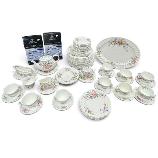 Large Royal Doulton Arcadia H.4802 Floral Bone China Dinnerware & Flatware Service