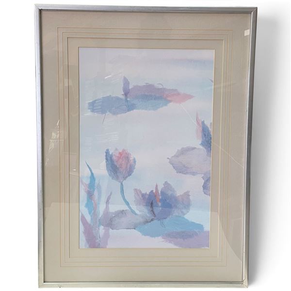 Framed Abstract Botanical Composition in Pastel Blue, Lavender & Pink on Paper