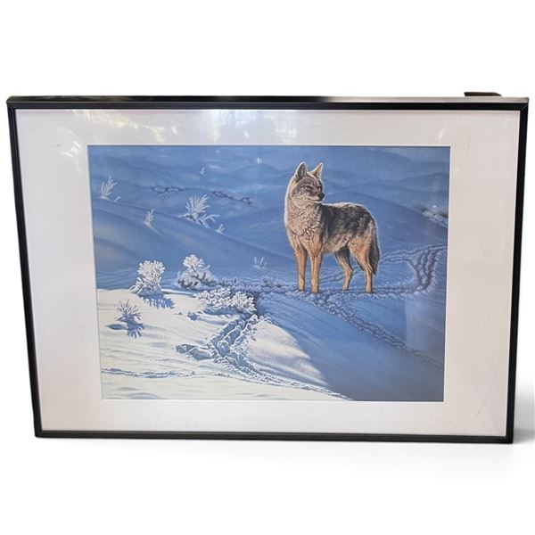 Framed Winter Landscape with Coyote in Snow, Blue & White Palette