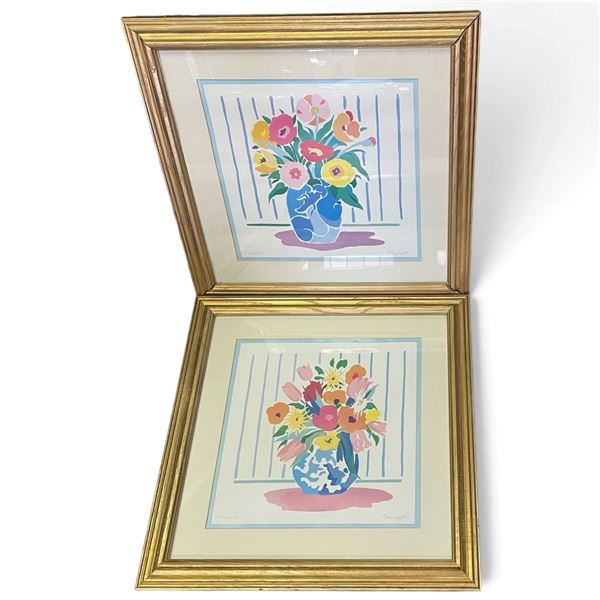 Joyce Kasprzyk Signed Stripes I & II Floral Serigraphs in Matching Gold Frames 16x16"