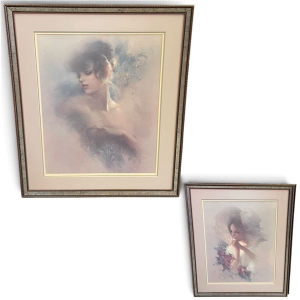 Pair of Soft-Focus Feminine Portrait Prints in Coordinating Frames (22 x 26 in. each)