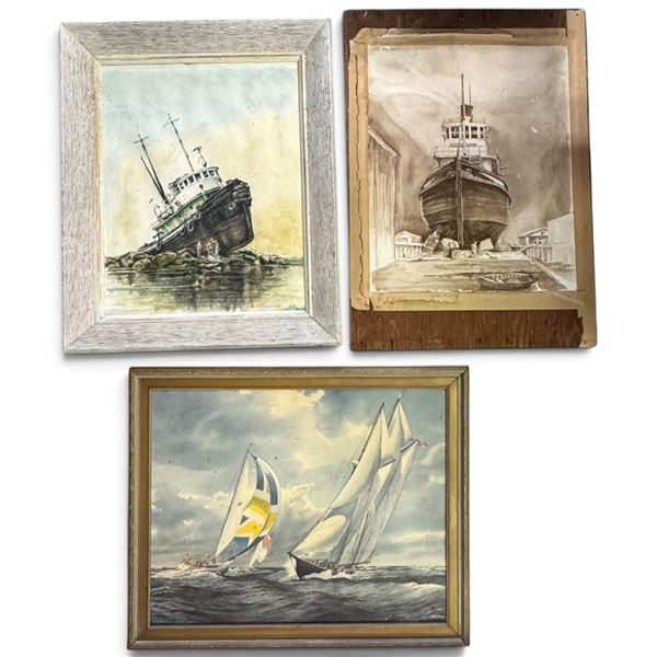 Three Maritime Works: Tugboat, Shipyard & O.K. Shen Sailboats (Tugboat 18 x 22 in.)