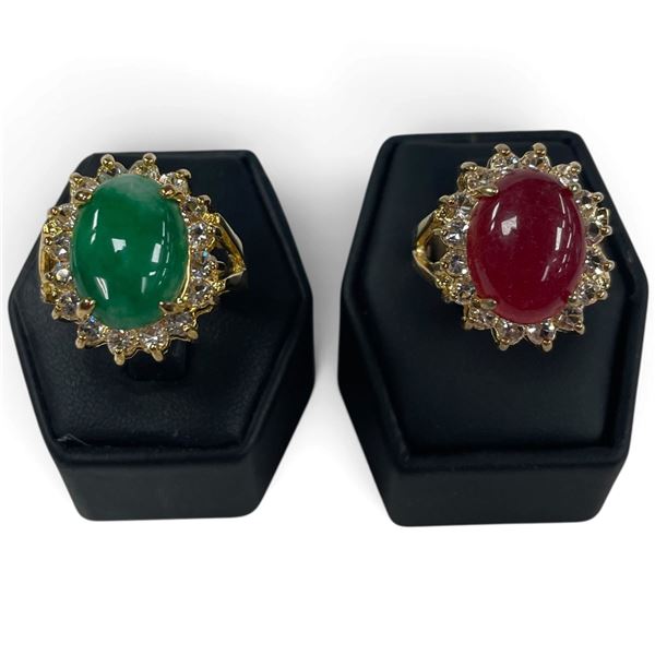 2 New Gold Plated Crystal Accented Dinner Rings - Size 8.5 with Green Stone, Size 7 with Red Stone -