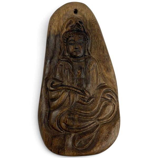 Coming Hand Carved Guanyin Bodhisattva Agarwood Pendant (4.5" x 3" x .34" thick)