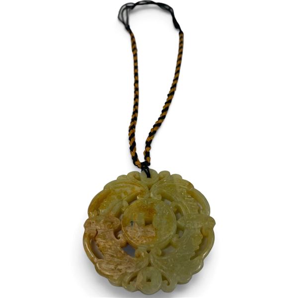 Chinese Carved Stone 3" Pendant with Auspicious Bat and Coin Desing * .3" thick