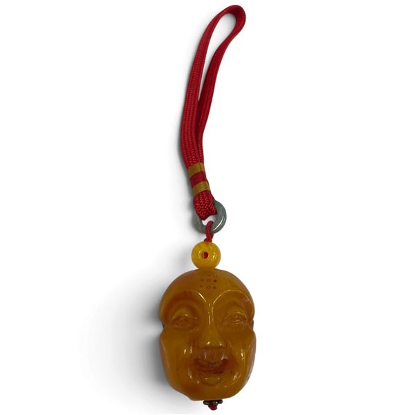 Chinese Carved Butterscotch-Amber Style Arhat Pendant on Jade Bail & Red Cord (Head is 2" long and 1
