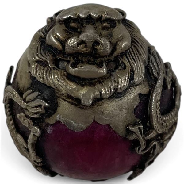 Tibetan Silver Lion Face Red Stone Orb Keepsake (38mm diameter)
