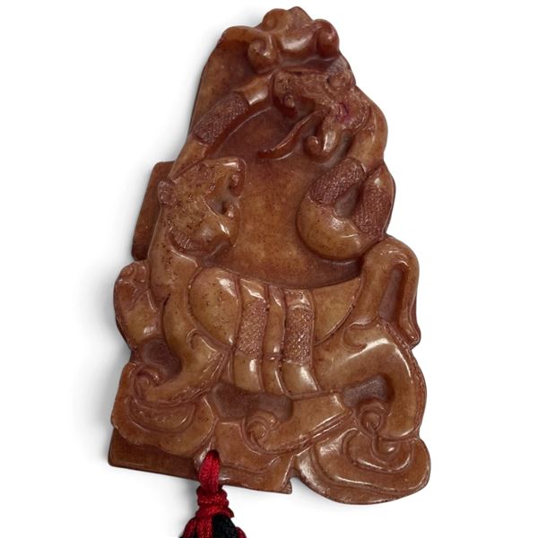 Carved Chinese Brown Serpentine Stone Tiger and  Dragon Pendant on Cord (47mm  x 82mm x 13mm thick)