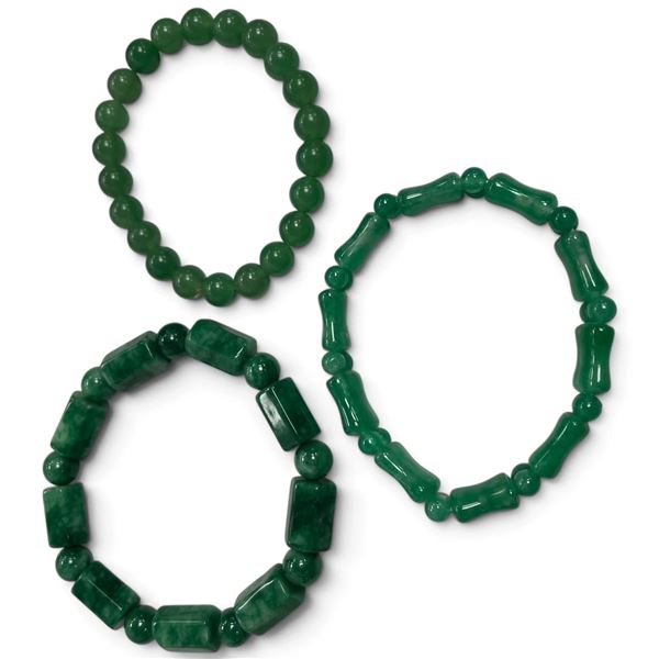 3 New Jade Green Stone Bead Bracelets (7.9 mm  - 9.3mm beads)