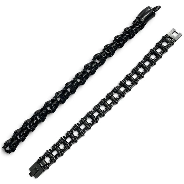 2 Stainless Steel Bracelets * 9" with .5" diameter skulls & 8.5" Motorcycle Chain Bracelet -.5" wide