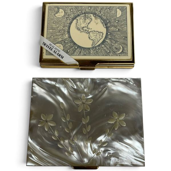 Vintage Brass & Faux MOP Cigarette Case & Colibri Slim Travel Alarm