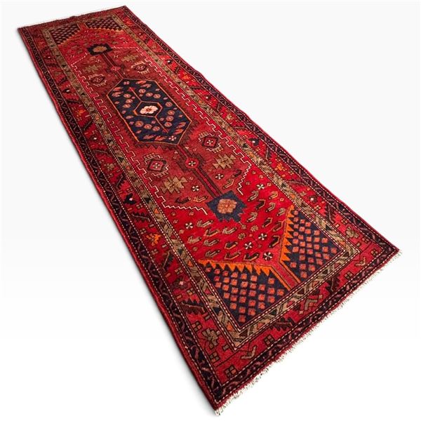 Zanjan Persian Wool Runner Rug 10.1x3.5 ft Hand Knotted Geometric Design