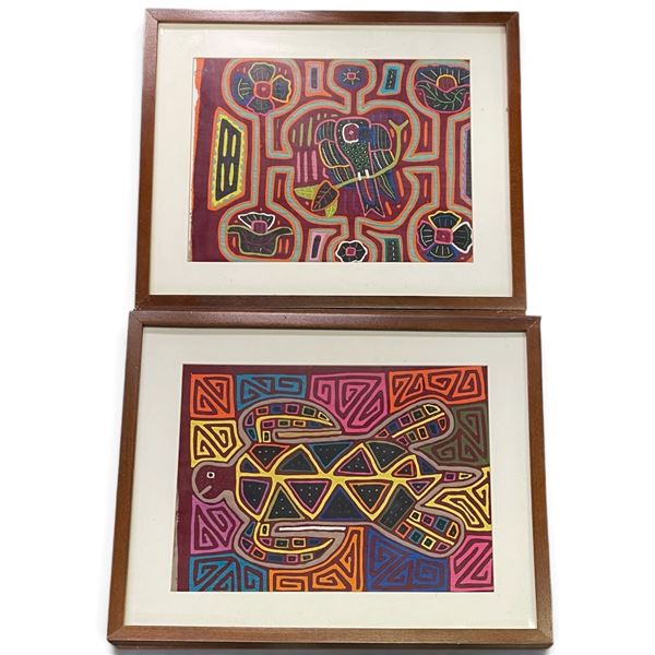 Pair of Framed Mola Textile Panels with Bird, Turtle, Floral & Geometric Motifs