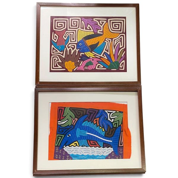Pair of Framed Panamanian Guna Mola Reverse-Appliqué Fish & Dolphin Textile Panels