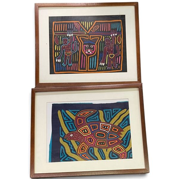 Pair of Framed Mola-Style Reverse-Appliqué Textile Panels with Figures & Turtle