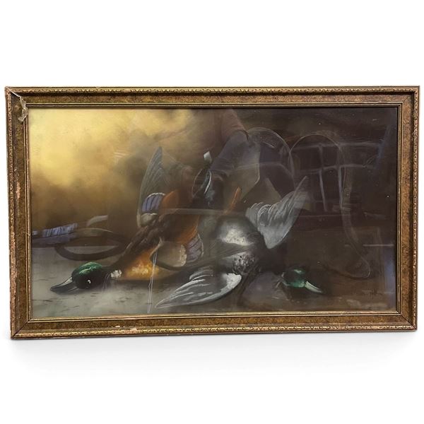 Signed Framed Sporting Still Life with Game Birds & Hunting Equipment