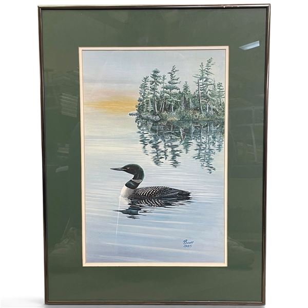 Signed R. Scott 1985 Common Loon & Pine Island Wildlife Painting in Glazed Frame 18x24"