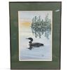Image 1 : Signed R. Scott 1985 Common Loon & Pine Island Wildlife Painting in Glazed Frame 18x24"