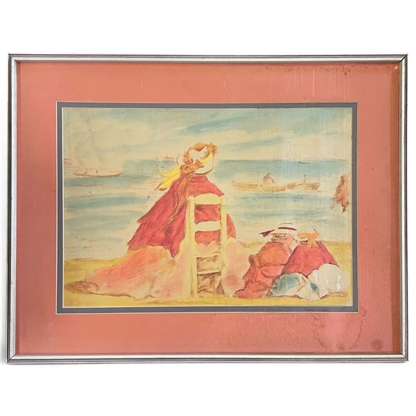 Modernist Watercolor Beach Scene with Fashionable Figures, Shoreline & Boats, Framed 36x18"