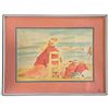 Image 1 : Modernist Watercolor Beach Scene with Fashionable Figures, Shoreline & Boats, Framed 36x18"