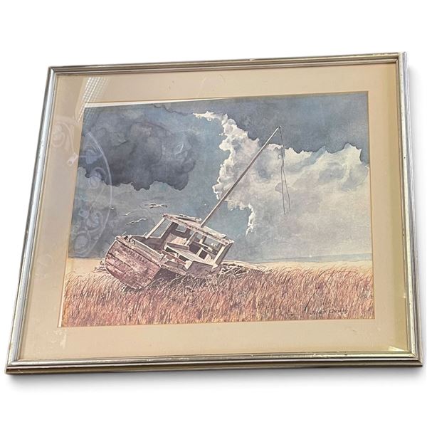 James Corway Signed Watercolor & Ink Beached Fishing Boat Seascape (25 x 21 in.)