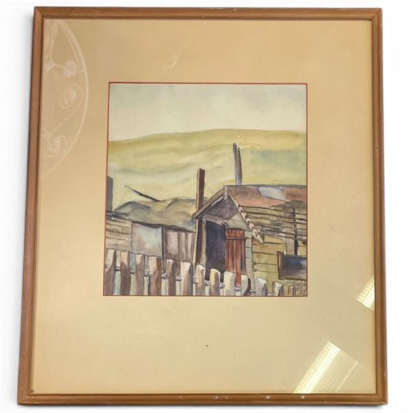 Signed Watercolor & Ink Industrial Outbuildings & Picket Fence, Framed (18 x 21 in.)