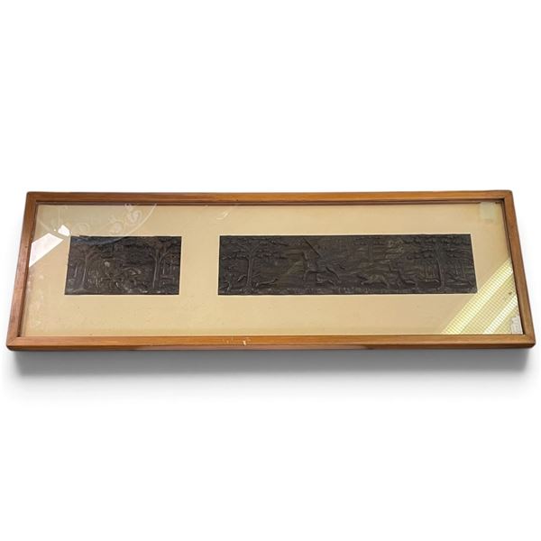 Two Carved Wood Relief Panels with Village & Mounted Hunting Scenes in Glazed Frame 37.5x15"