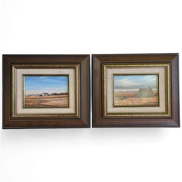 Pair of Signed Prairie Farmstead Pastel Drawings in Matching Custom Frames 13.5x11.5" Each