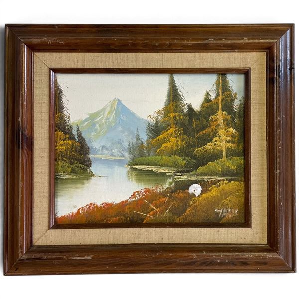 Signed Tack Mountain Lake & Autumn Forest Oil on Canvas, Framed (14.5 x 12.5 in.)