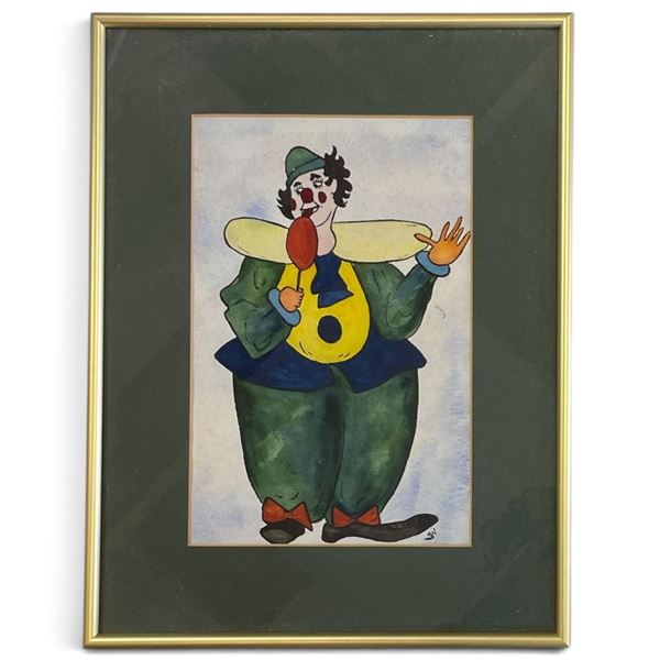 Monogrammed Watercolor & Ink Clown Figure in Green Costume, Matted & Gold-Tone Framed 11.5x14.75"