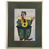 Image 1 : Monogrammed Watercolor & Ink Clown Figure in Green Costume, Matted & Gold-Tone Framed 11.5x14.75"