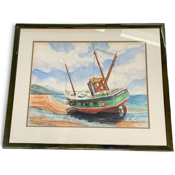 Rempel 1985 Watercolor of Beached Fishing Boat, Signed & Framed (26 x 22 in.)