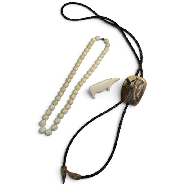17" Natural Bead Necklace, Polar Bear Pin & Hand Painted Bolo Tie