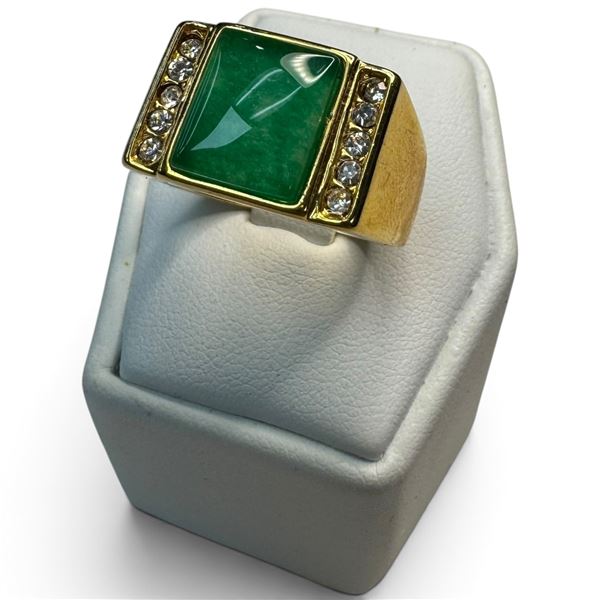 New Gold Plated Jade & Crystal Ring - Size 10.5  (Center of ring is 18mm x 12mm)