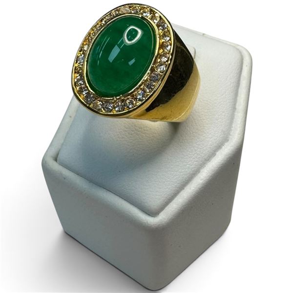 New Gold Plated Jade Cabochon & Crystal Ring - Size 8  (Center of ring is 20mm wide)