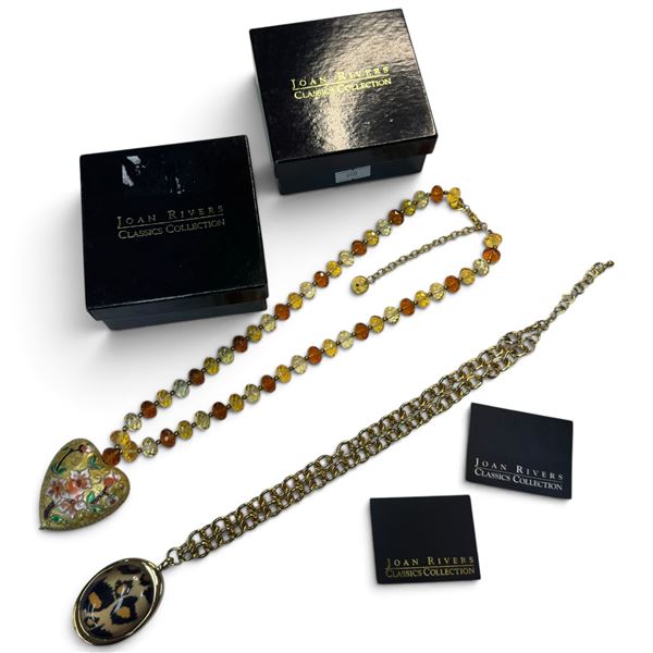 2 Vintage Joan Rivers Classic Necklaces in Boxes with Inserts (Gold-Tone Leopard Print Pendant on 18