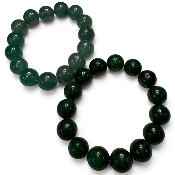 2 Natural Jade Green Stone Stretch Bracelets (12mm and 13mm beads)