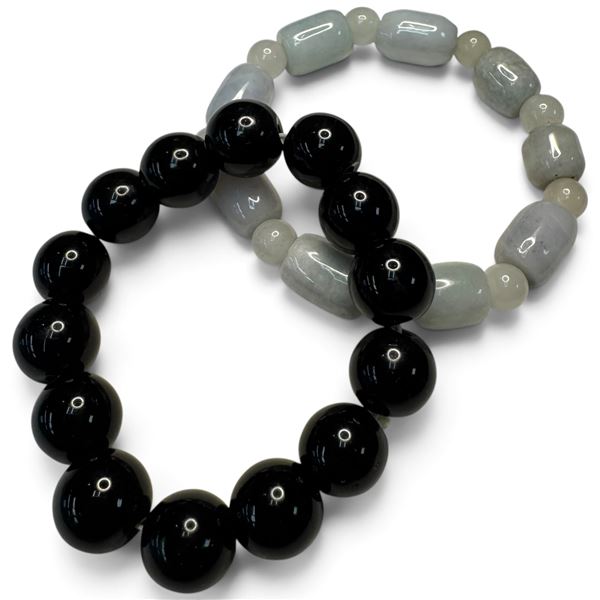 2 Natural Onyx Stretch Bracelets * Black Onyx with 13mm Beads & Gey with 8mm & 11mm Beads