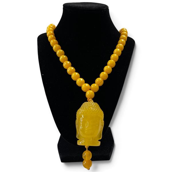 24" Beaded Sakamuni Buddga Pendant Necklace - Egg Yolk Coloured 12mm Beads and 38mm x 56mm Pendant