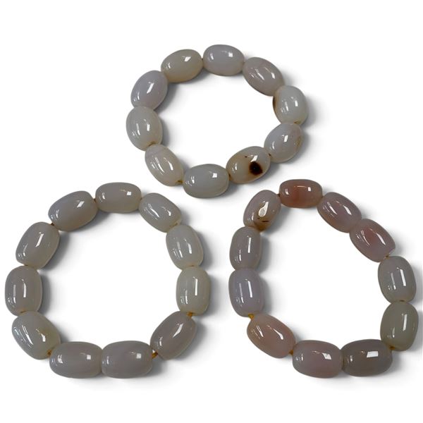 3 Barrel Bead Stone Stretch Bracelets with 13mm x 18mm beads (Pink toned agate & chalcedony, brown s