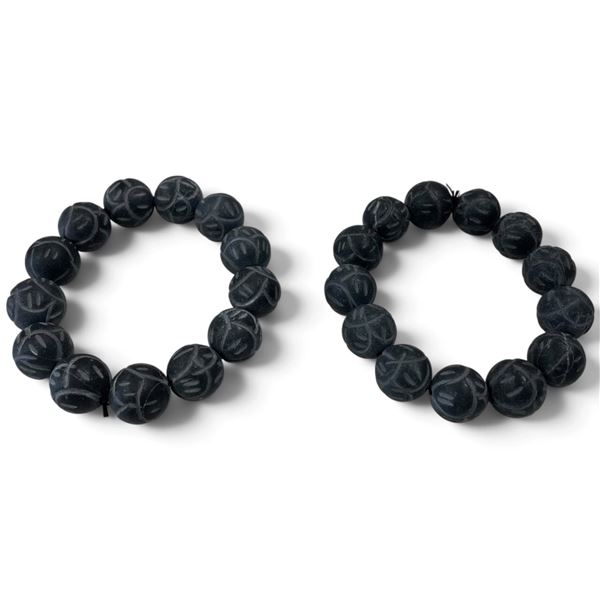 2 Lotus Carved Bian Stone Stretch Bracelets - 15.8mm beads