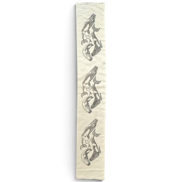 Bill Reid Signed 1985 Haida Killer Whale Textile Scarf (51 x 8.25 in.)
