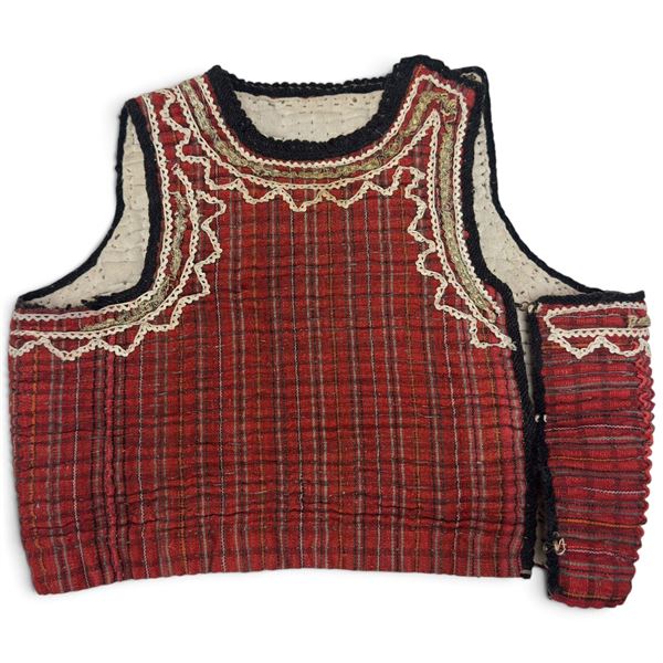 Traditional Folk Costume Red Plaid Quilted Bodice with Metallic Braid (17.5 in.)
